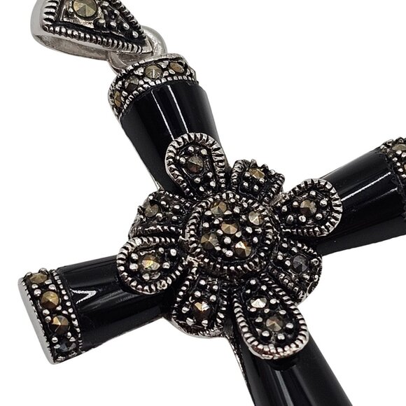 VTG Necklace Pendant Black Silver Onyx Marcasite Cross Religious Faith Gothic - Picture 7 of 14